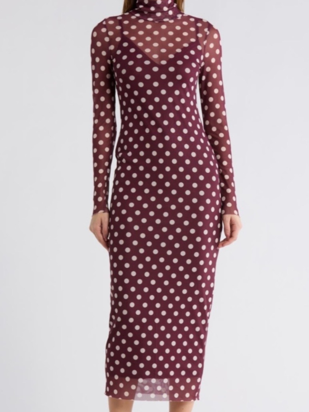 AFRM Burgundy Polka Dot Turtleneck Long Sleeve Midi Dress